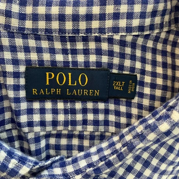POLO RALPH LAUREN Small Gingham Check Linen Sport Shirt in Blue Size 2XLT $125 - Picture 4 of 6